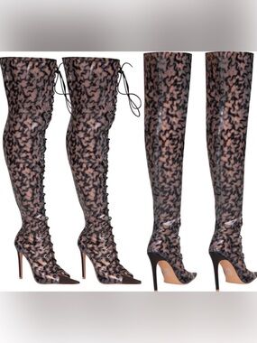 Lace-Up Over-the-Knee Patterned Heeled Boots - Black & Hue blue